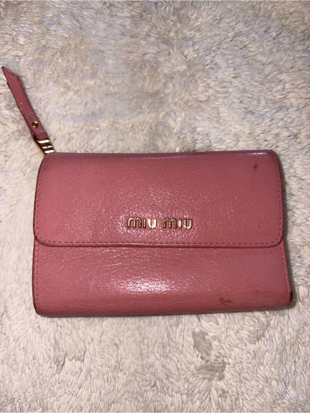 Miu Miu Rose Pink Zippy Leather Wallet with Gold Logo